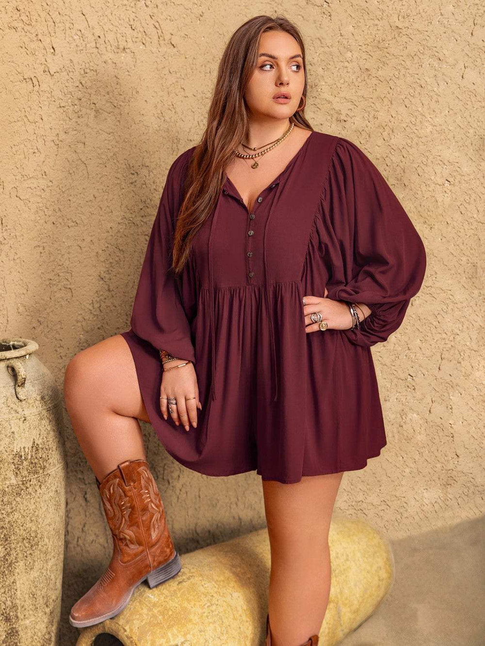 Plus Size Tie Neck Balloon Sleeve Romper - Trendsi - Flyclothing LLC