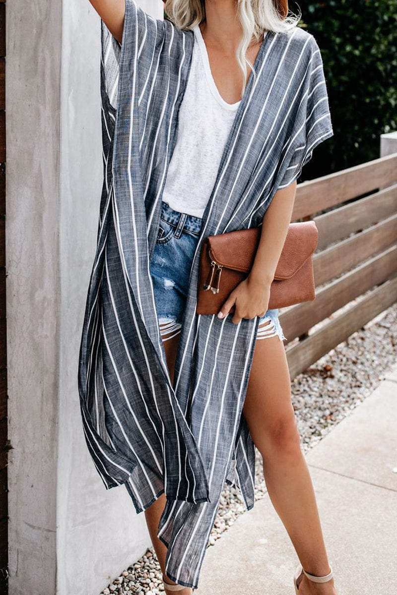 Striped Open Front Longline Cover Up - Trendsi - Flyclothing LLC