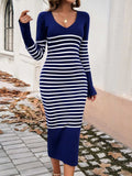 Striped V-Neck Long Sleeve Sweater Dress - Trendsi - Flyclothing LLC
