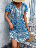 Printed V-Neck Flutter Sleeve Mini Dress - Trendsi - Flyclothing LLC