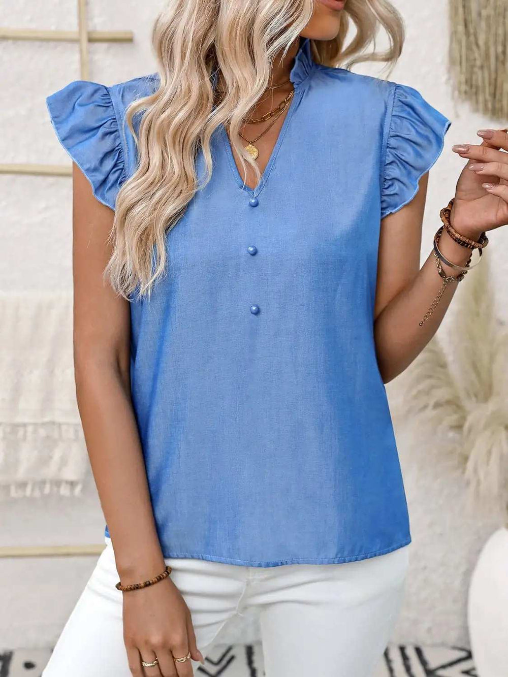 Ruffled Notched Cap Sleeve Blouse - Trendsi - Flyclothing LLC
