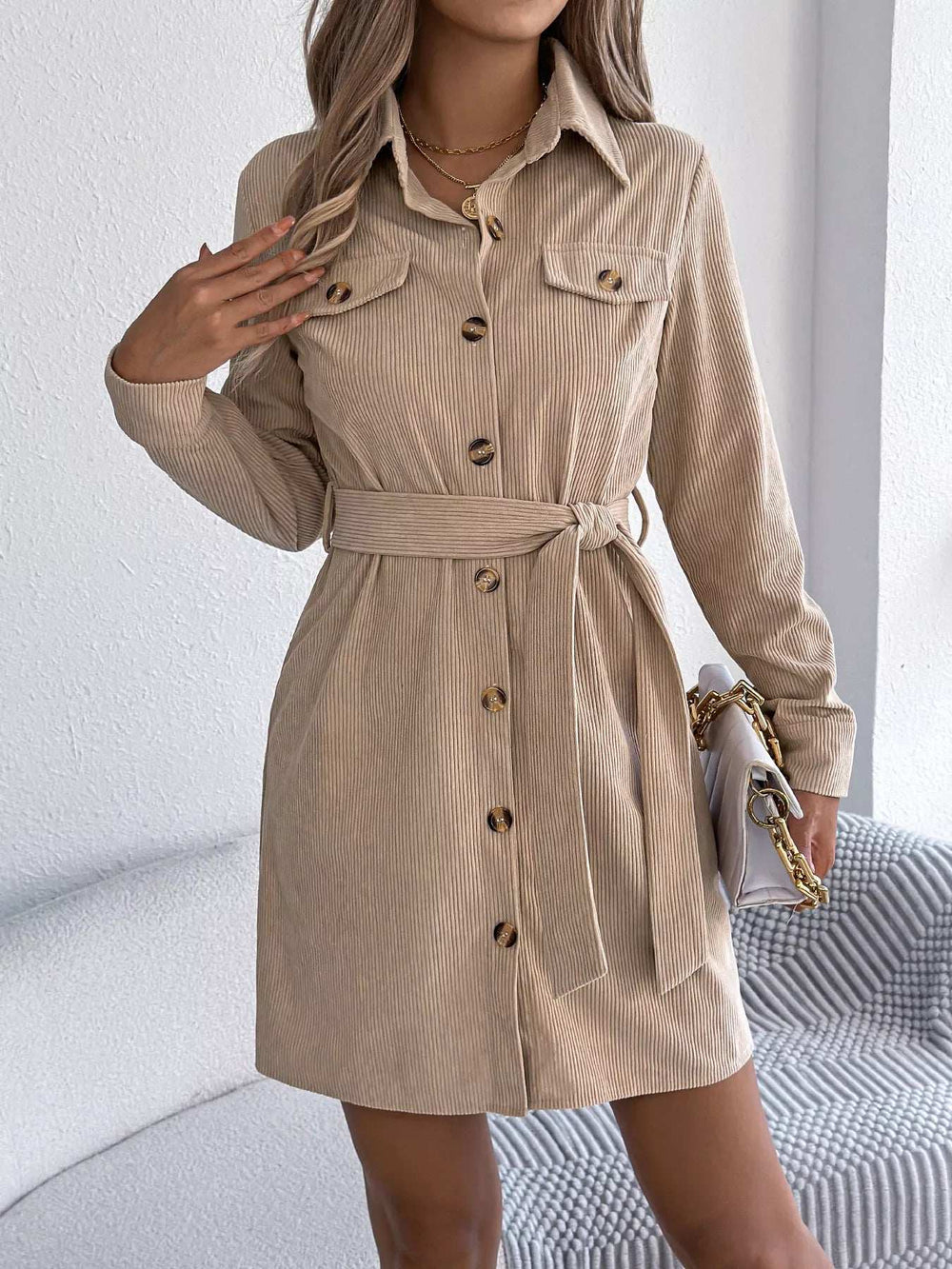 Button-Front Corduroy Shirt Dress - Trendsi - Flyclothing LLC