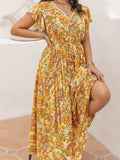 Plus Size Printed V-Neck Flutter Sleeve Tie Waist Maxi Dress - Trendsi - Flyclothing LLC