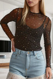 Rhinestone Round Neck Long Sleeve Blouse - Trendsi - Flyclothing LLC