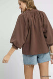 Umgee Full Size Textured Notched Balloon Sleeve Blouse Plus Size - Trendsi - Flyclothing LLC