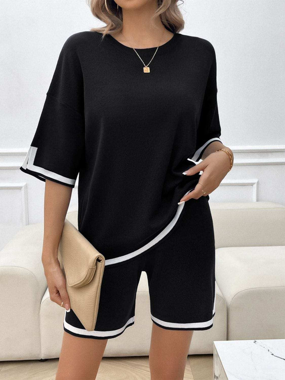 Contrast Trim Round Neck Top and Shorts Set - Trendsi - Flyclothing LLC