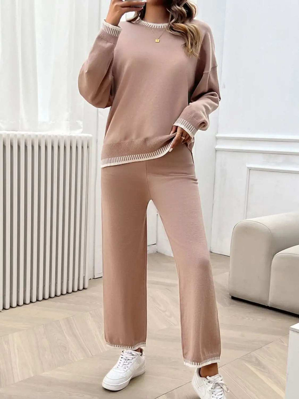 Round Neck Dropped Shoulder Top and Pants Sweater Set - Trendsi - Flyclothing LLC