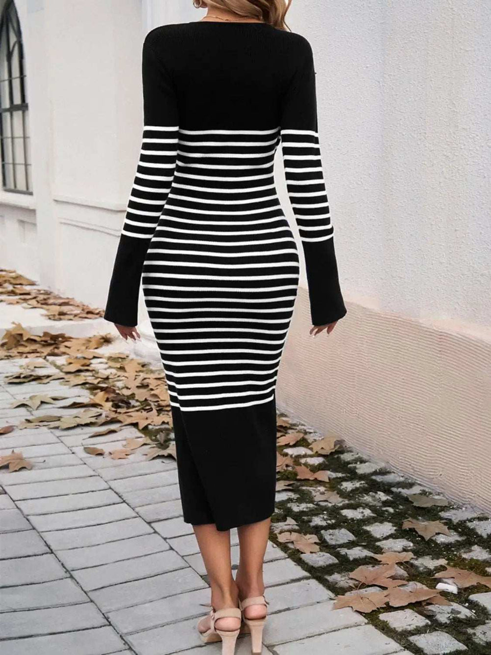 Striped V-Neck Long Sleeve Sweater Dress - Trendsi - Flyclothing LLC