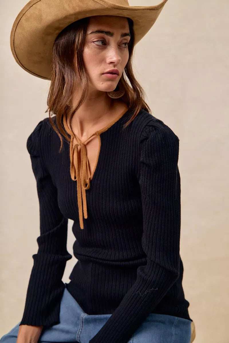 BiBi Ribbed Contrast Front Tied Top with Shrried - Trendsi - Flyclothing LLC