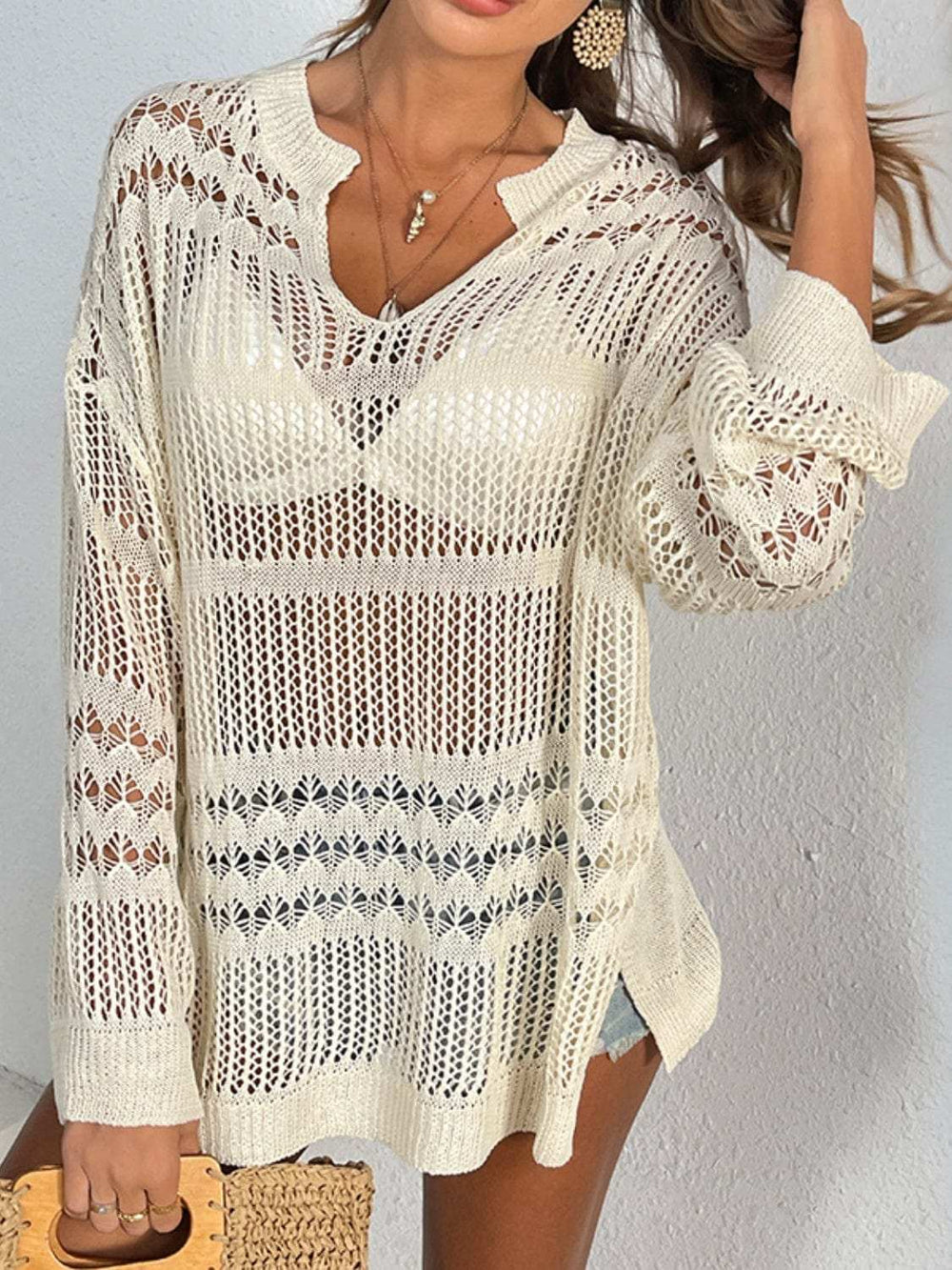 Cutout Notched Long Sleeve Cover-Up - Trendsi - Flyclothing LLC