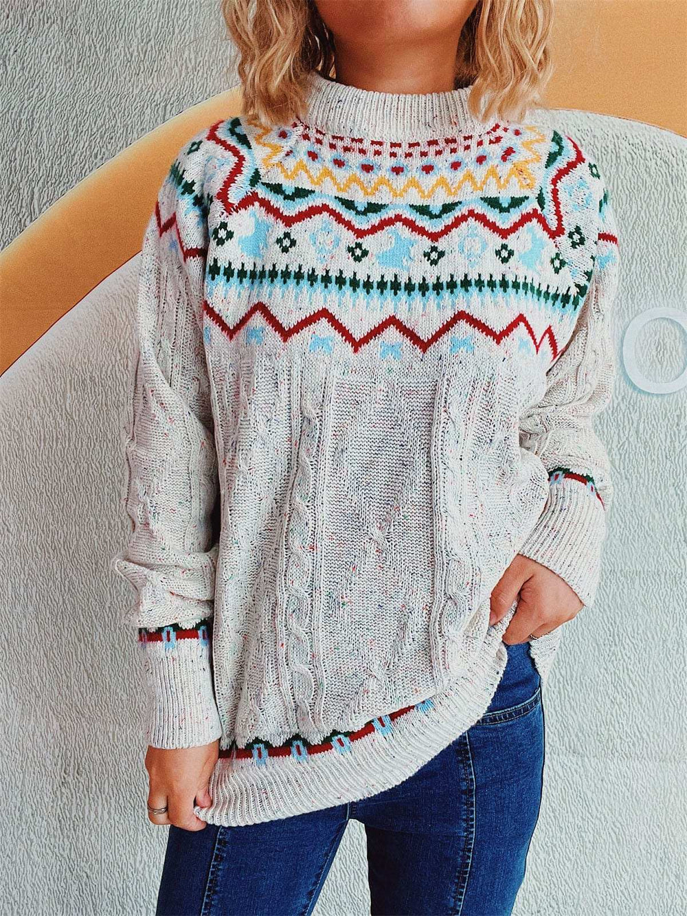 Cable-Knit Mock Neck Long Sleeve Sweater - Trendsi - Flyclothing LLC