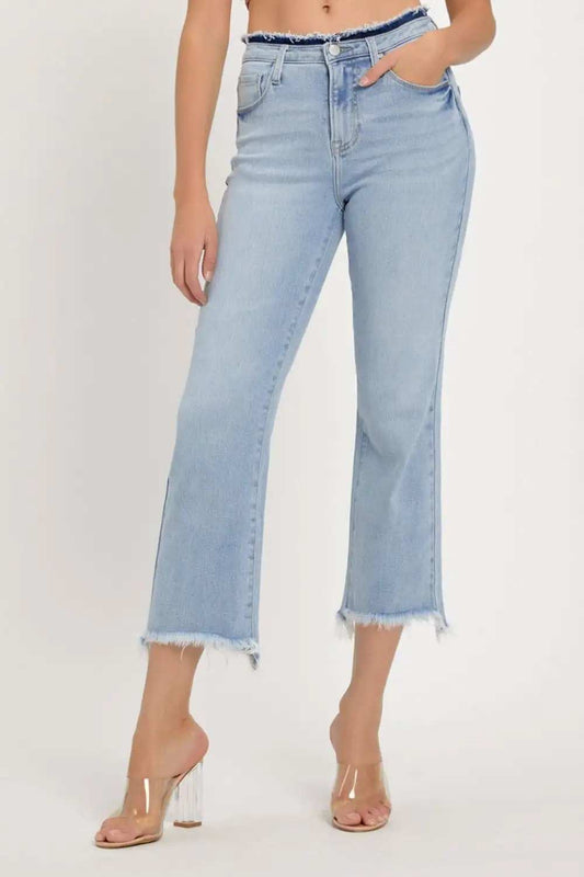 RISEN Full Size High Rise Raw Edge Crop Jeans - Trendsi - Flyclothing LLC