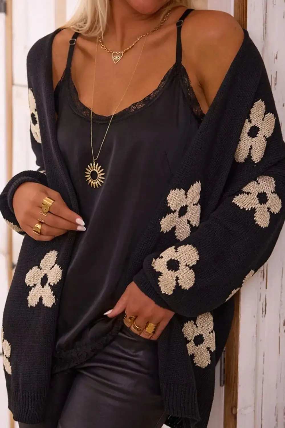 Flower Open Front Long Sleeve Cardigan - Trendsi - Flyclothing LLC