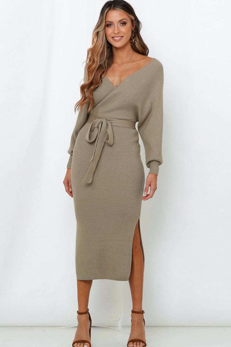 Surplice Neck Bow Waist Slit Sweater Dress - Trendsi - Flyclothing LLC