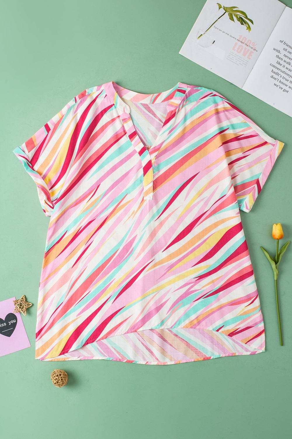 Plus Size Printed Notched Short Sleeve Blouse - Trendsi - Flyclothing LLC