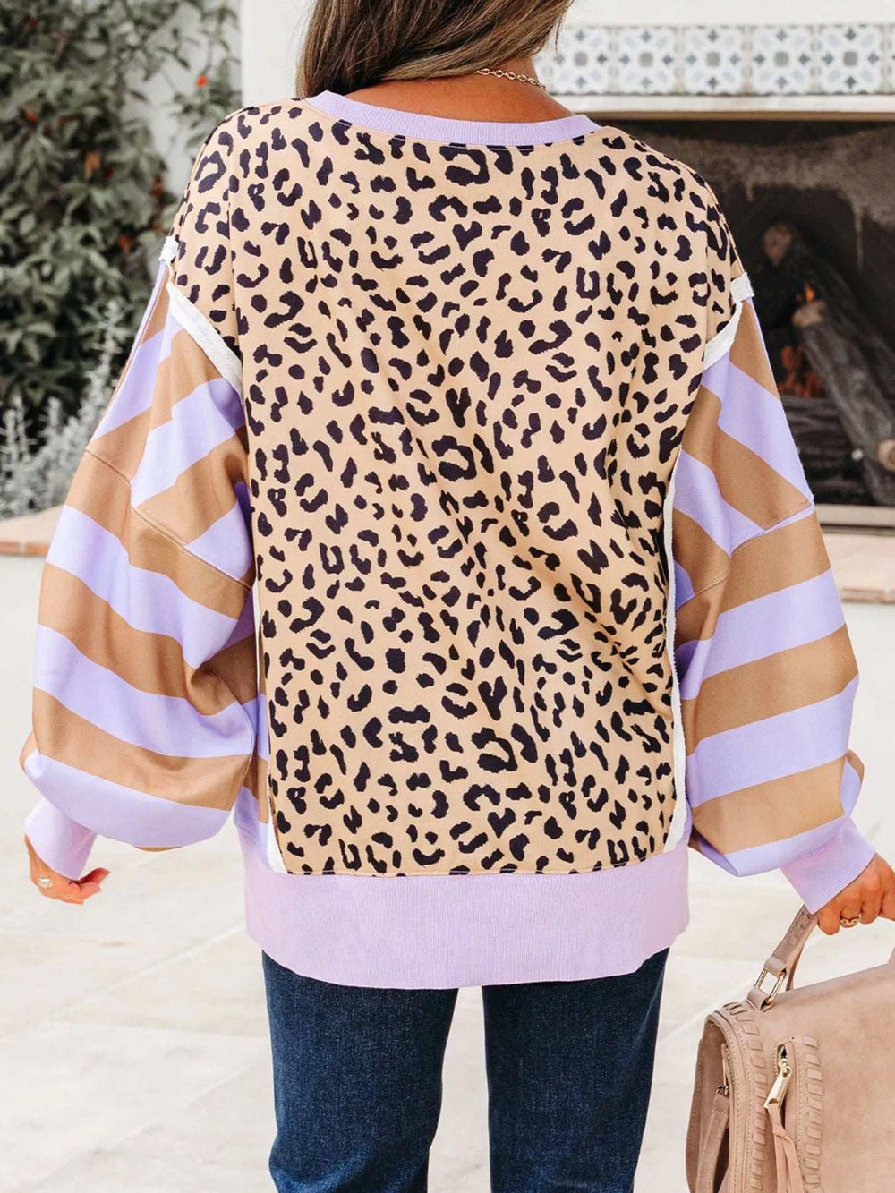 Stripe Color Block Patchwork Leopard Casual Sweatshirt with Slits - Trendsi - Flyclothing LLC