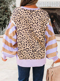 Stripe Color Block Patchwork Leopard Casual Sweatshirt with Slits - Trendsi - Flyclothing LLC