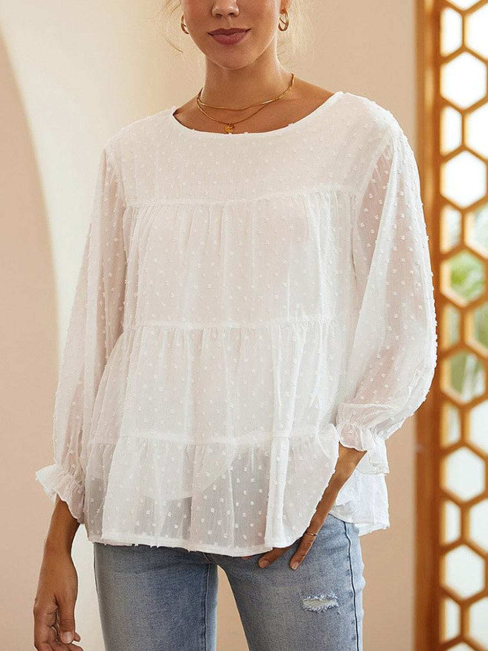 Full Size Swiss Dot Ruffled Round Neck Long Sleeve Blouse - Trendsi - Flyclothing LLC