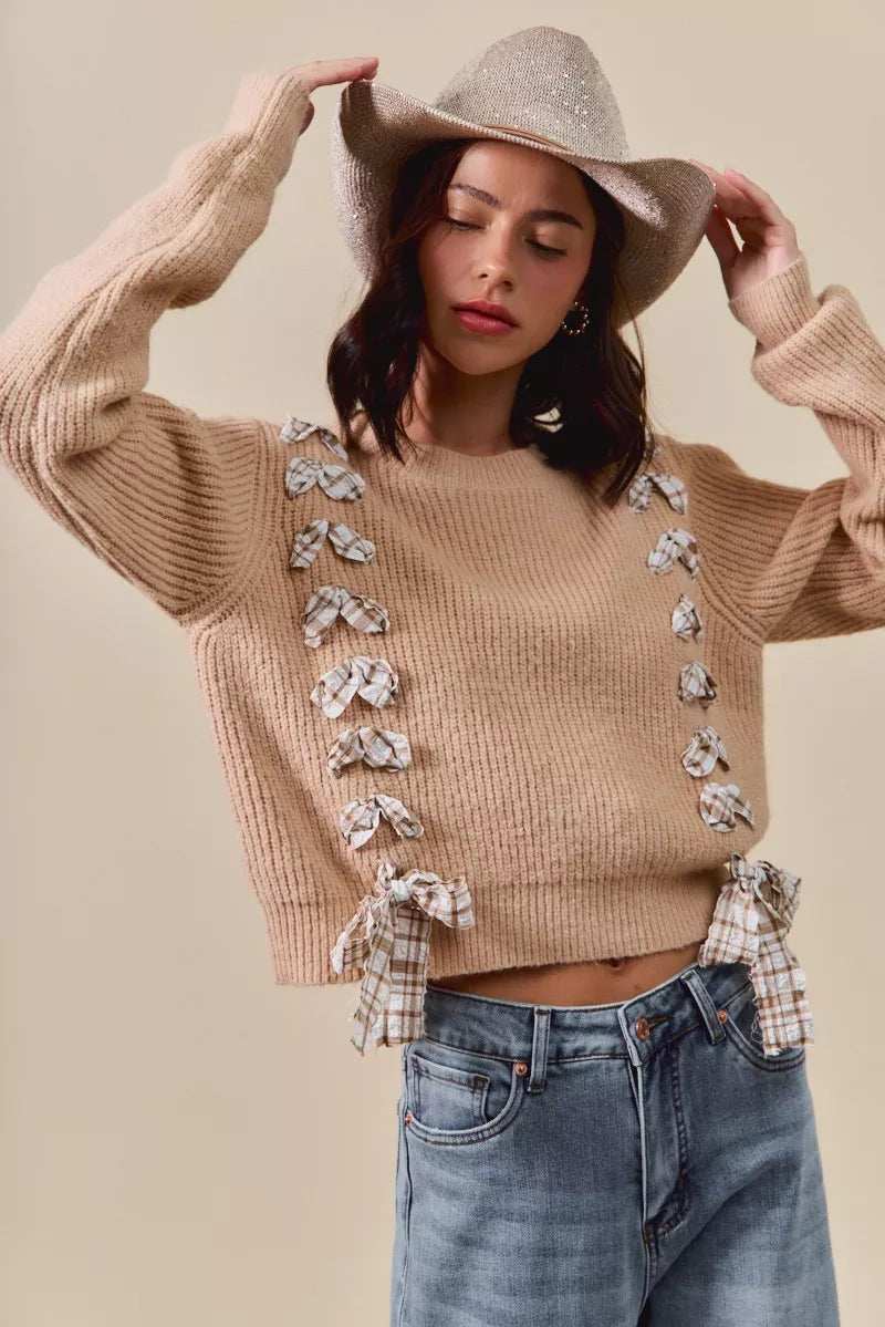 SO ME Checkered Plaid Tape Lace Up Ribbed Sweater - Trendsi - Flyclothing LLC