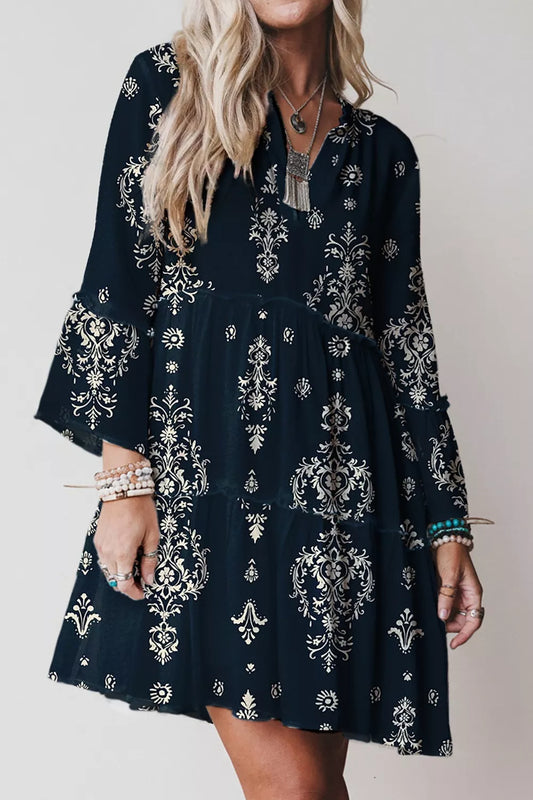 Printed Long Sleeve Tiered Mini Dress - Trendsi - Flyclothing LLC