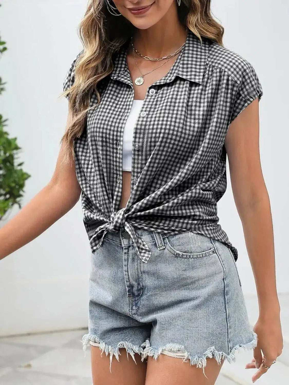 Plaid Button Up Cap Sleeve Shirt - Trendsi - Flyclothing LLC