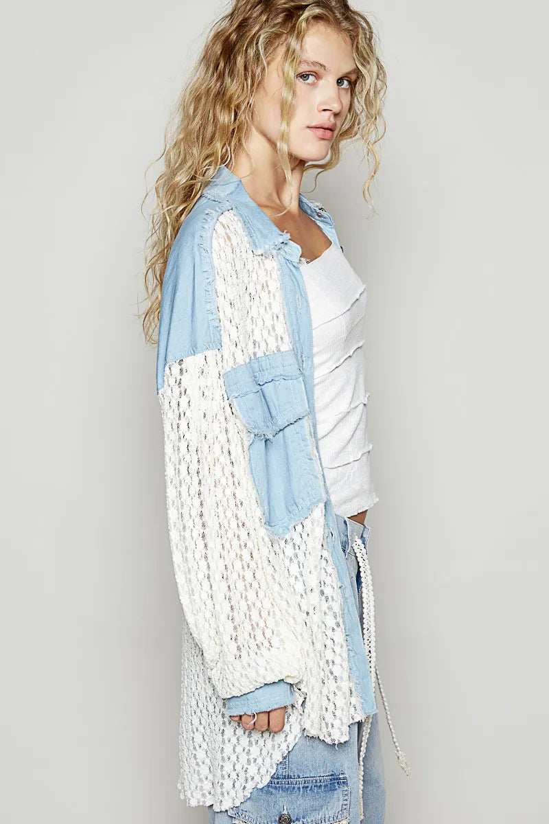POL High-Low Denim Patchwork Lace Shirt - Trendsi - Flyclothing LLC