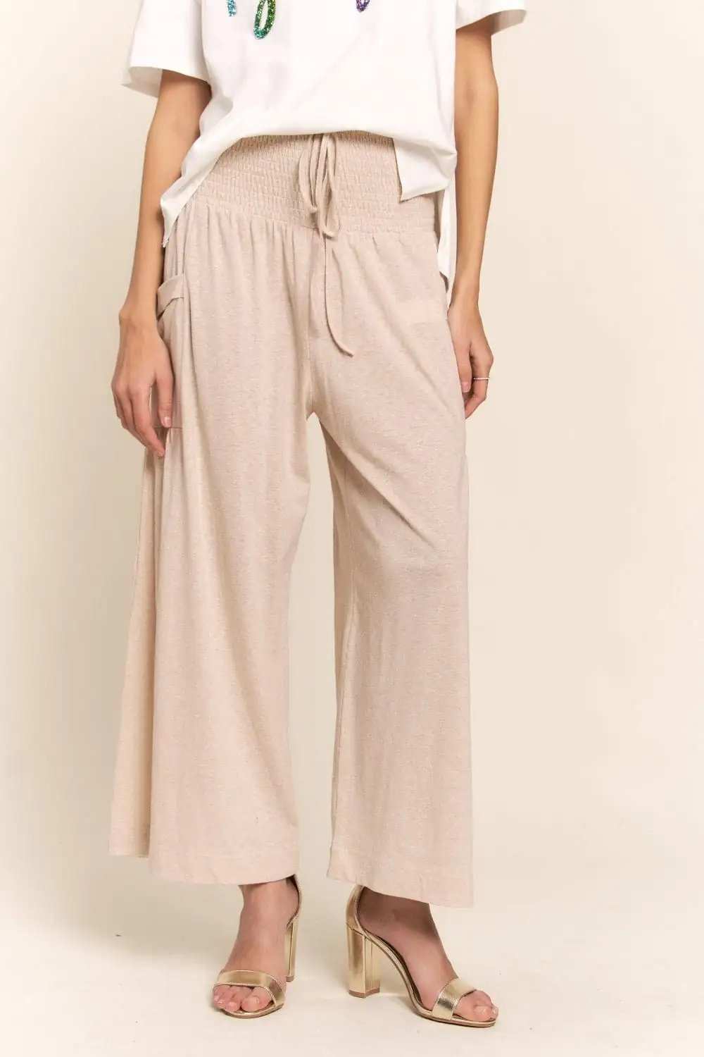 J.NNA Smocked Waist Boho Wide Leg Pants with Pockets - Trendsi - Flyclothing LLC
