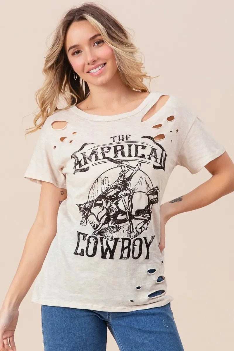 BiBi Cotton Slub Laser Top American Cow Boy Graphic - Trendsi - Flyclothing LLC