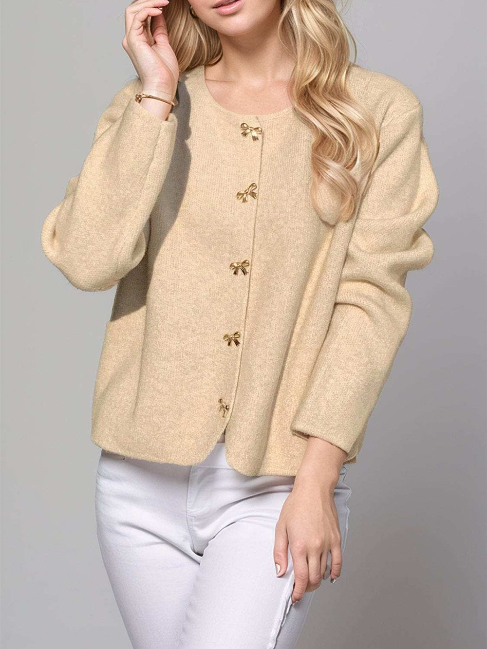 Bow Button Down Round Neck Long Sleeve Cardigan - Trendsi - Flyclothing LLC