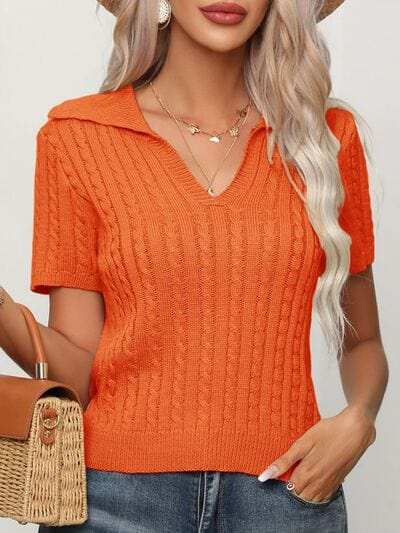 Cable Knit Short Sleeve Top - Trendsi - Flyclothing LLC