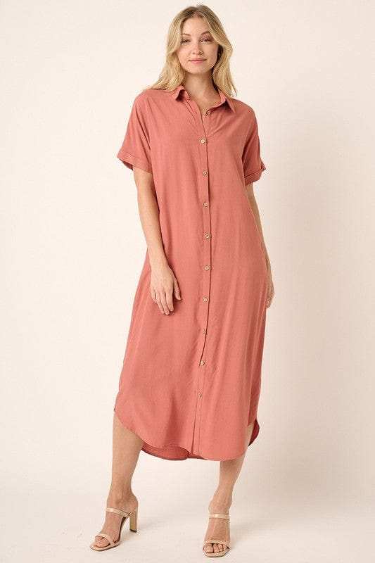 Mittoshop Collared Neck Dolman Short Sleeve Midi Shirt Dress - Trendsi - Flyclothing LLC
