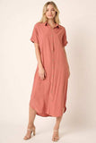Mittoshop Collared Neck Dolman Short Sleeve Midi Shirt Dress - Trendsi - Flyclothing LLC