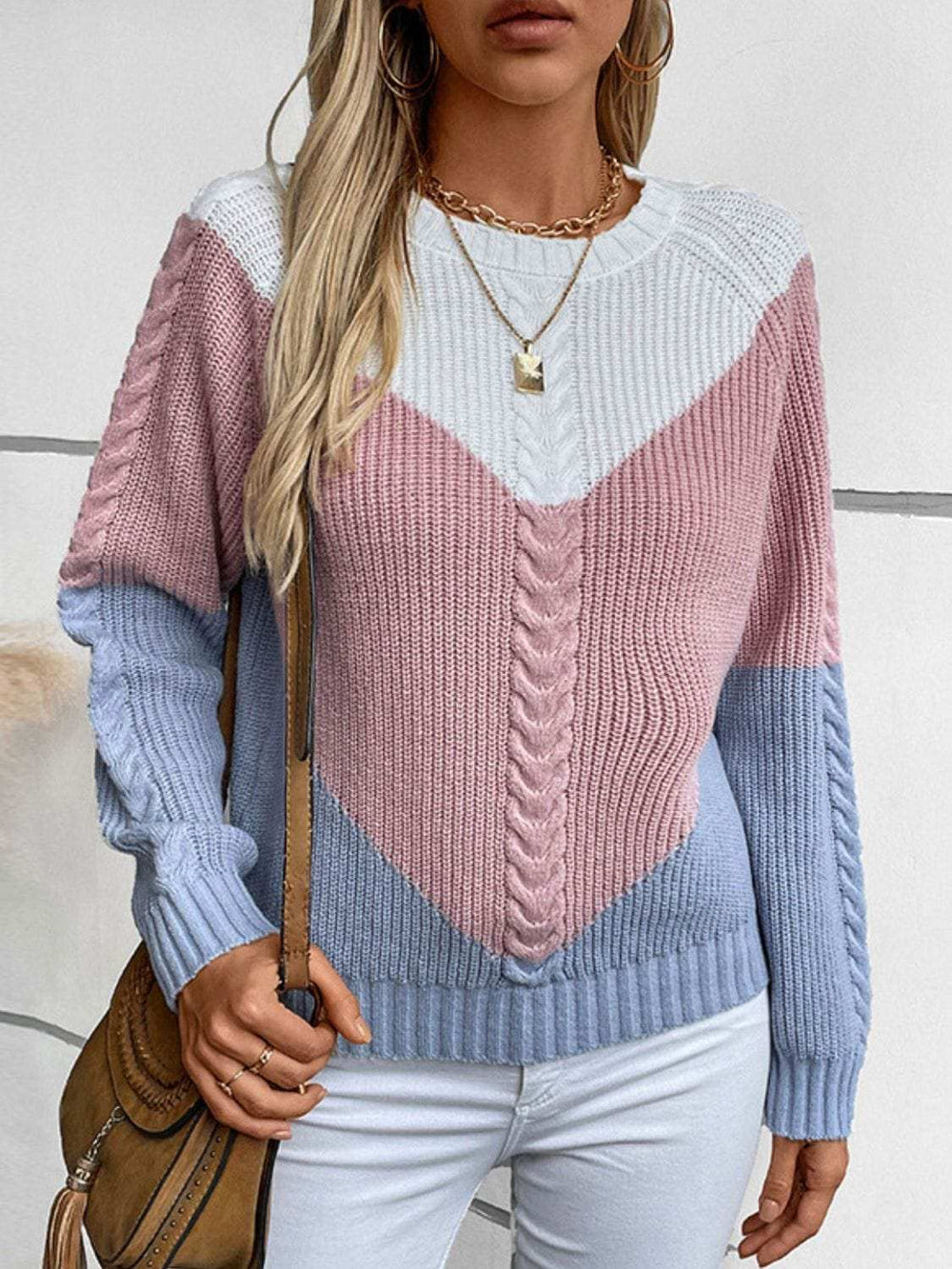 Color Block Round Neck Long Sleeve Sweater - Trendsi - Flyclothing LLC