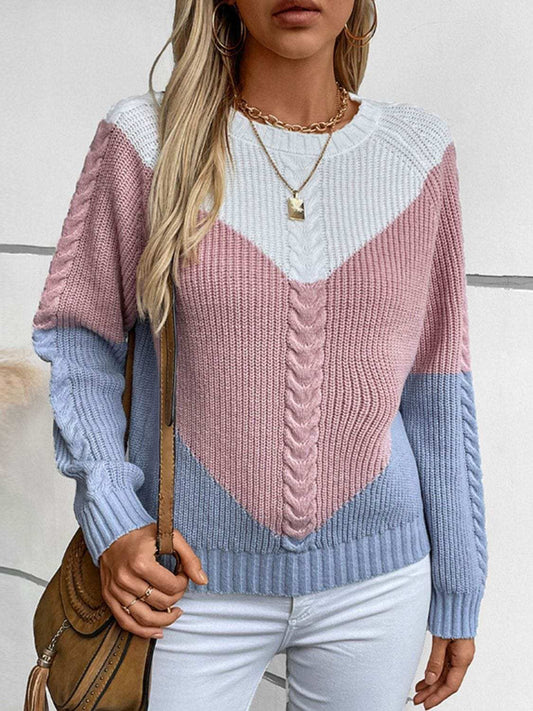 Color Block Round Neck Long Sleeve Sweater - Trendsi - Flyclothing LLC