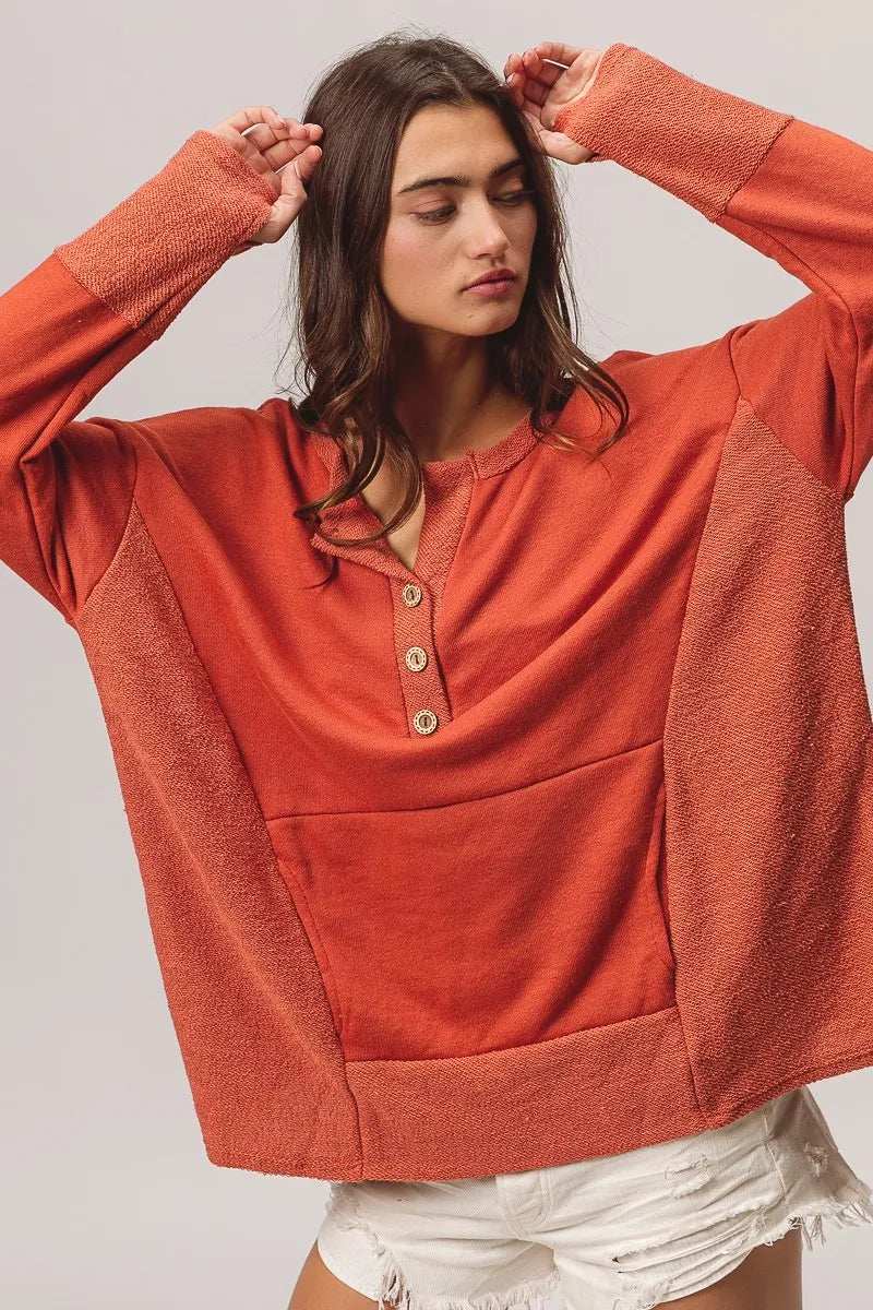 BiBi French Terry Knit Side Block Buttoned Henley Top - Trendsi - Flyclothing LLC
