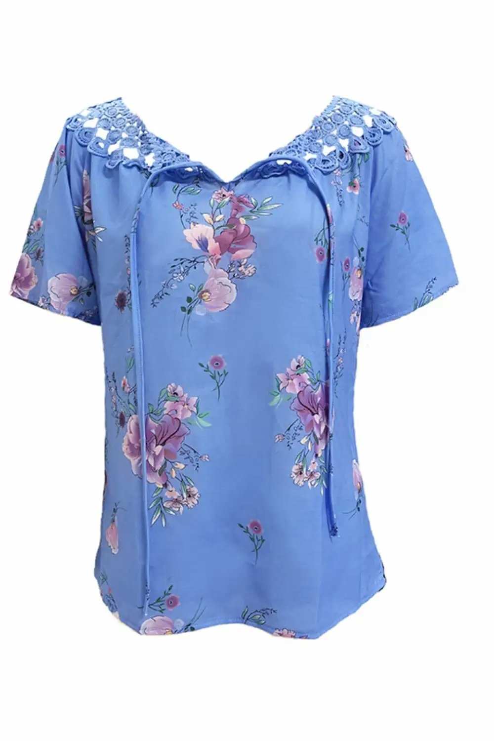 Full Size Printed Tie Neck Short Sleeve Blouse - Trendsi - Flyclothing LLC