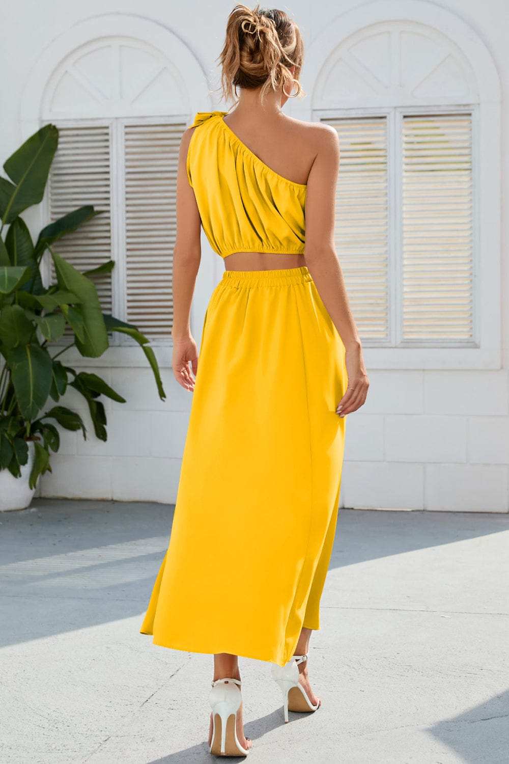 Ruched One Shoulder Top and Slit Skirt Set - Trendsi - Flyclothing LLC