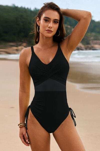 Drawstring Ruched V-Neck One-Piece Swimwear - Trendsi - Flyclothing LLC