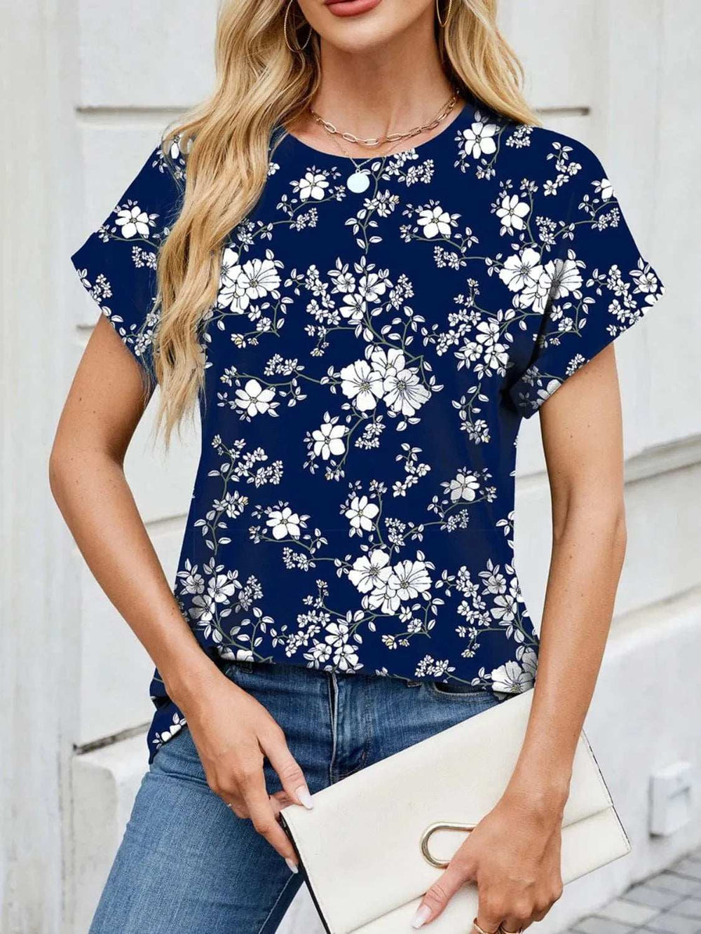 Printed Round Neck Short Sleeve Top - Trendsi - Flyclothing LLC