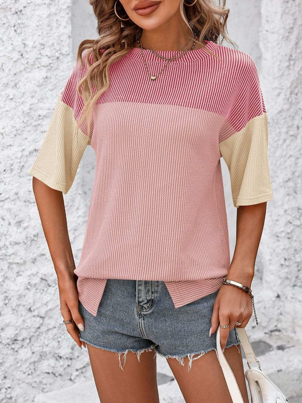 Color Block Round Neck Half Sleeve T-Shirt - Trendsi - Flyclothing LLC