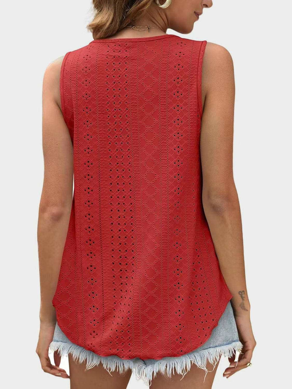 Florira Eyelet Round Neck Tank - Trendsi - Flyclothing LLC