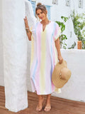 Slit Striped Notched Short Sleeve Cover Up - Trendsi - Flyclothing LLC