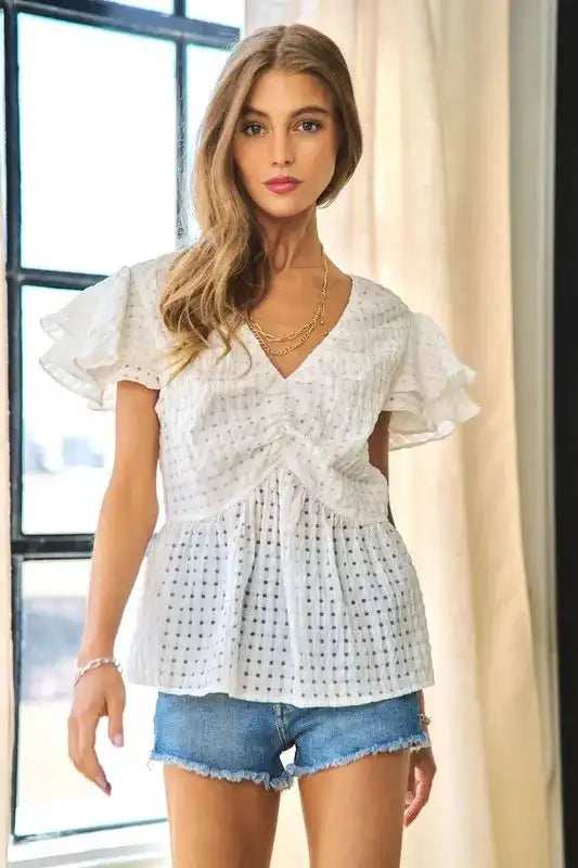 Davi & Dani Shirring V-Neck Ruffle Gingham Plaid Printed Top - Trendsi - Flyclothing LLC
