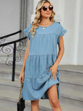Tiered Round Neck Short Sleeve Denim Dress - Trendsi - Flyclothing LLC