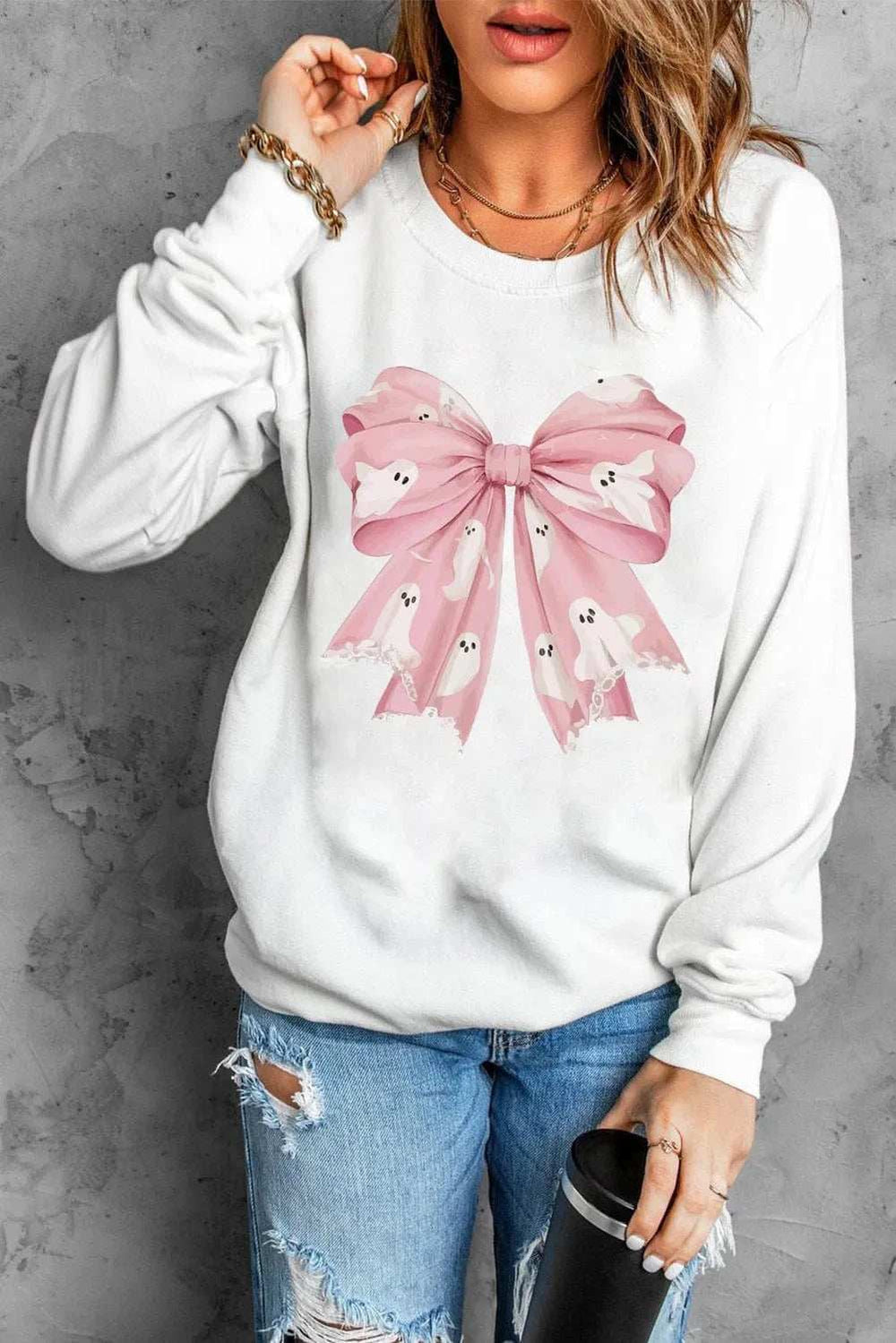 Bow Round Neck Long Sleeve Sweatshirt - Trendsi - Flyclothing LLC