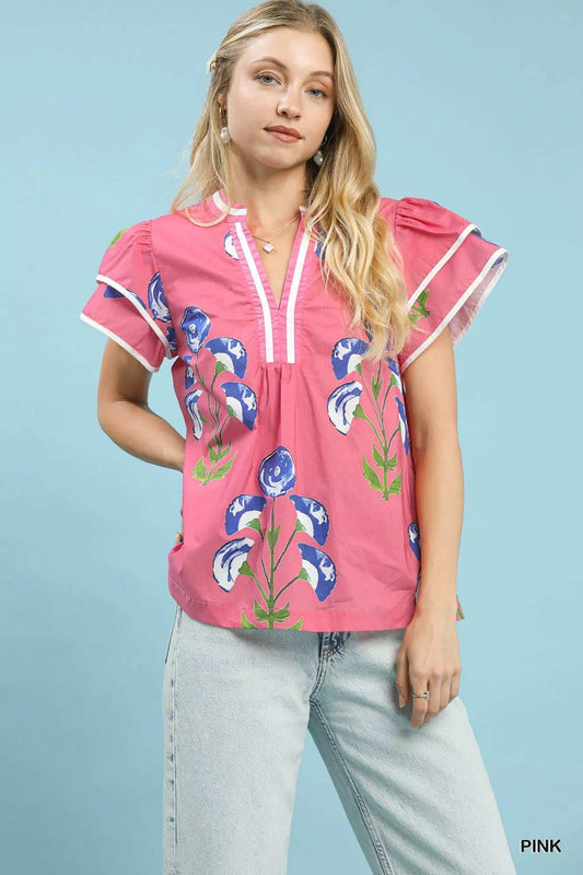 Umgee Blossom Meadow Print Blouse with Contrast Trim - Trendsi - Flyclothing LLC