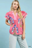 Umgee Blossom Meadow Print Blouse with Contrast Trim - Trendsi - Flyclothing LLC