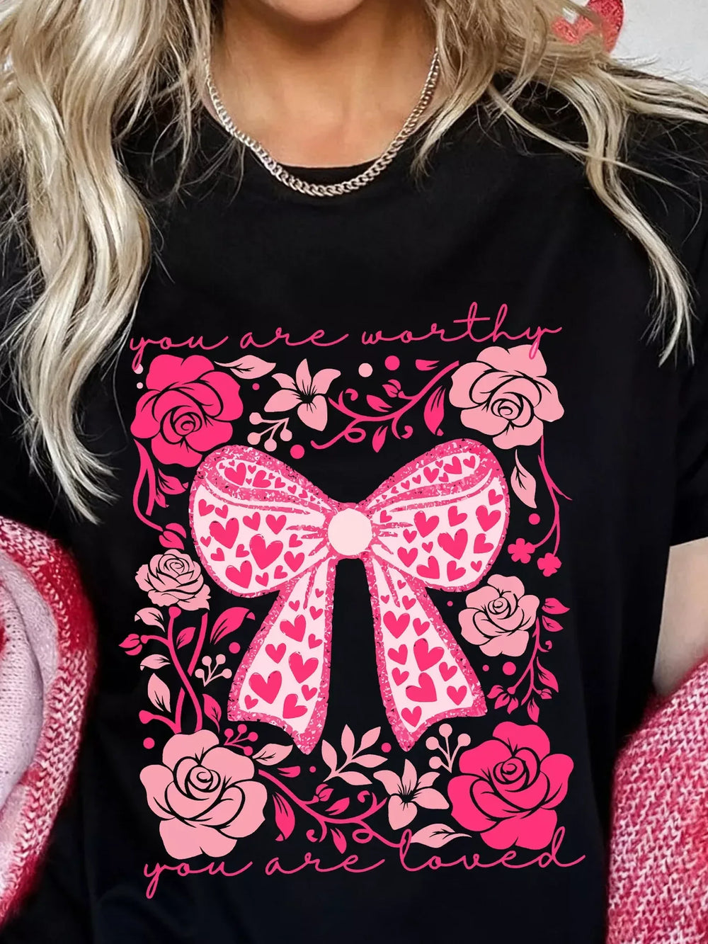 Valentines Day Slogan Floral and Bow T Shirt - Trendsi - Flyclothing LLC