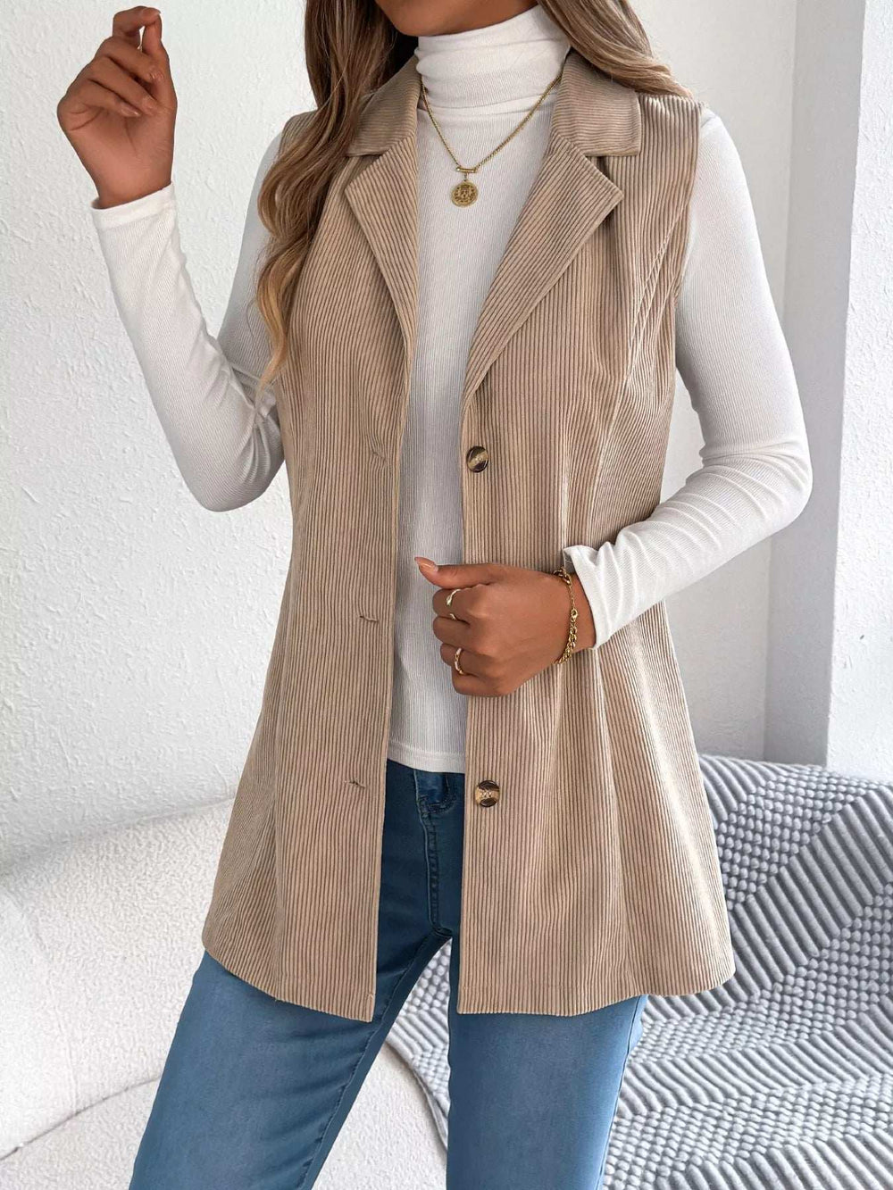Button-Front Longline Vest Coat - Trendsi - Flyclothing LLC