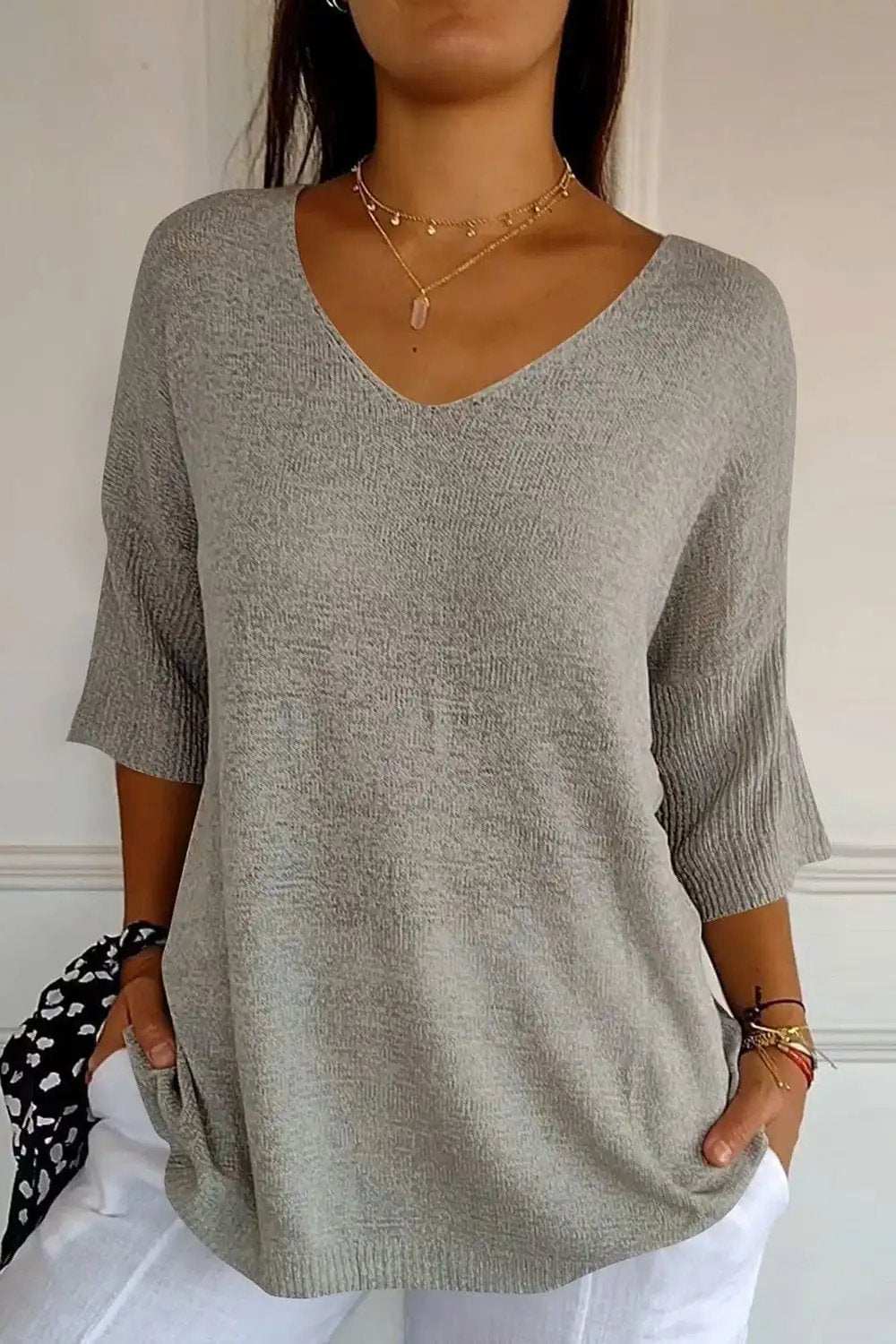 V-Neck Three-Quarter Sleeve Knit Top - Trendsi - Flyclothing LLC